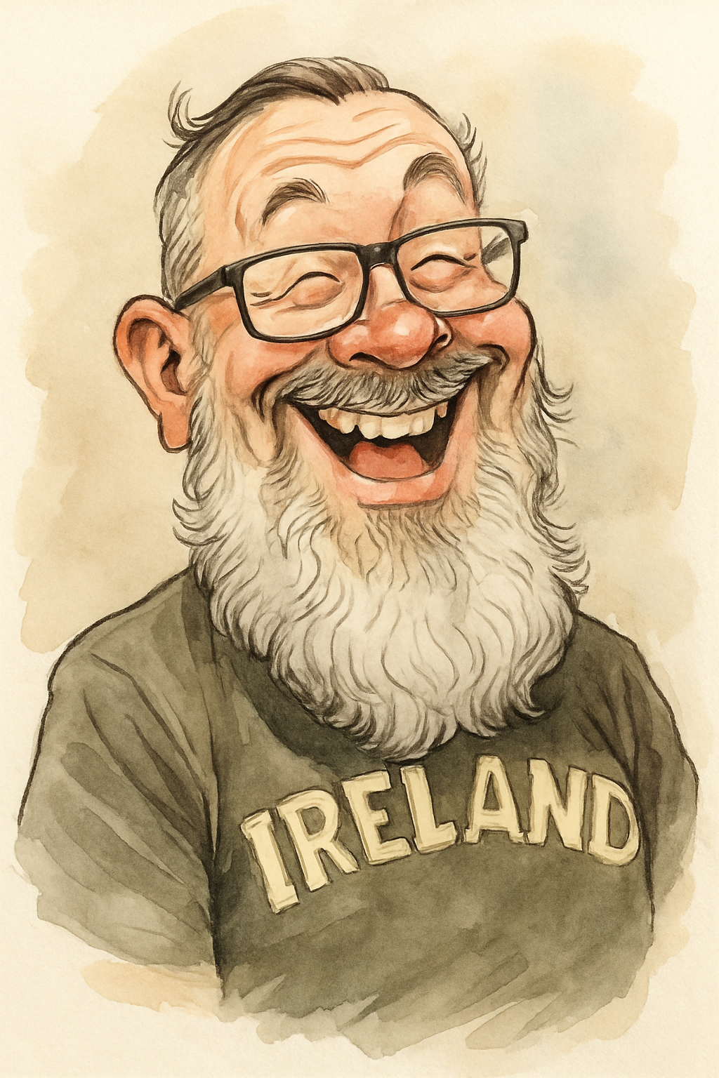 Illustrated portrait of Chris Elstner, laughing, with glasses, a long grey beard and an Ireland shirt.