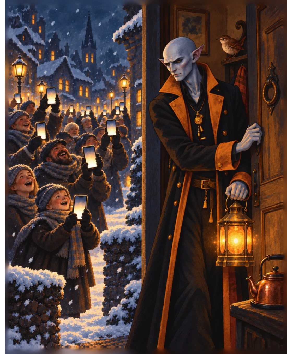 The Cloch looks out of his doorway onto a lively, snowy Glensnow street.