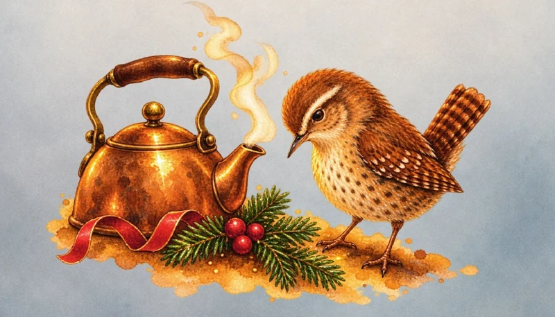 A tiny brown wren beside a steaming copper kettle and a sprig of holly, from the book.